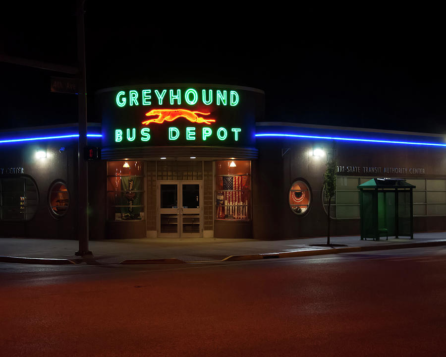Greyhound Photograph - Greyhound bus depot sign neon by Flees Photos