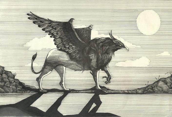 Eagle Drawing - Griffin Walks in Moonlight by Felicia Rall