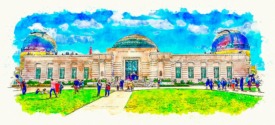 Griffith Observatory, Los Angeles - pen sketch and watercolor Digital Art by Nicko Prints