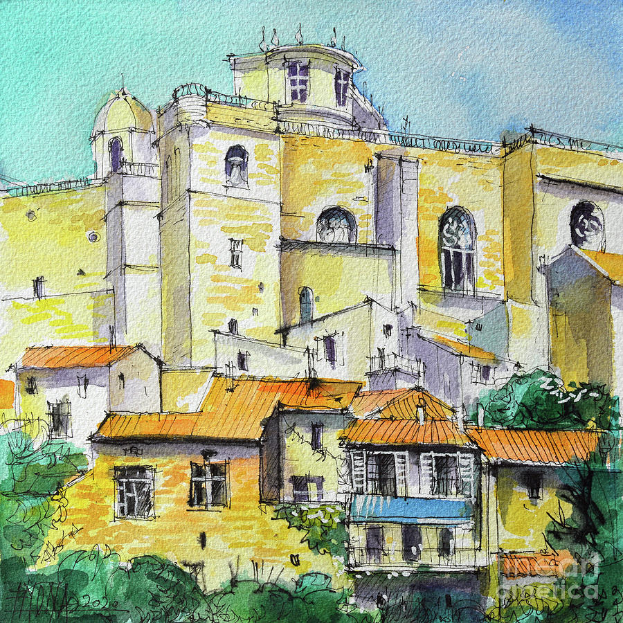 Castle Painting - GRIGNAN VILLAGE PROVENCE FRANCE watercolor painting Mona Edulesco by Mona Edulesco