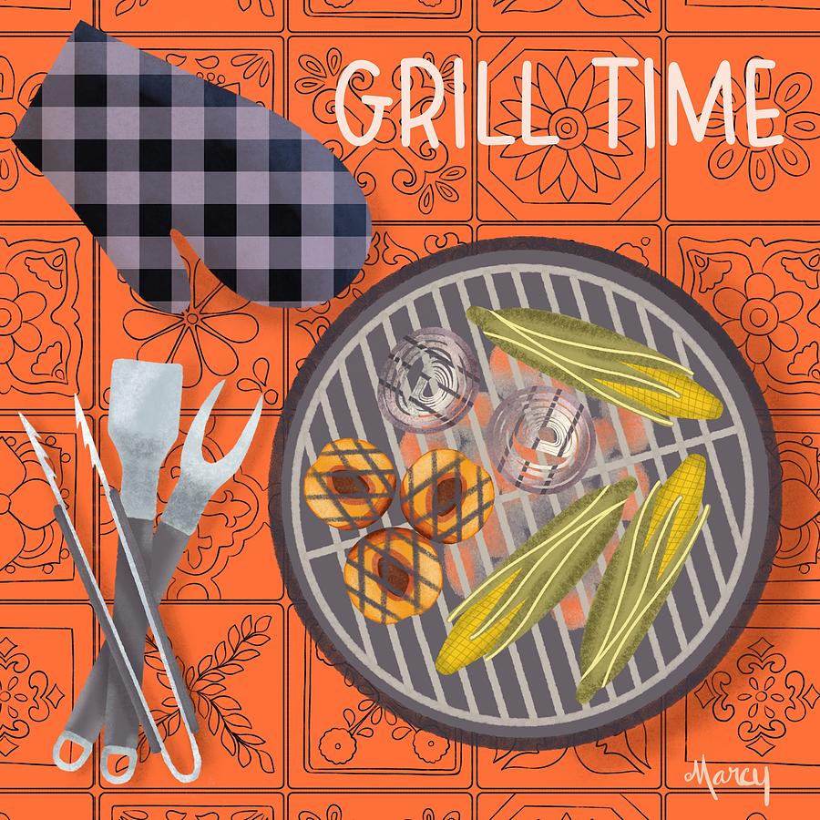 Grill Time on Orange Tile Background Digital Art by Marcy Brennan