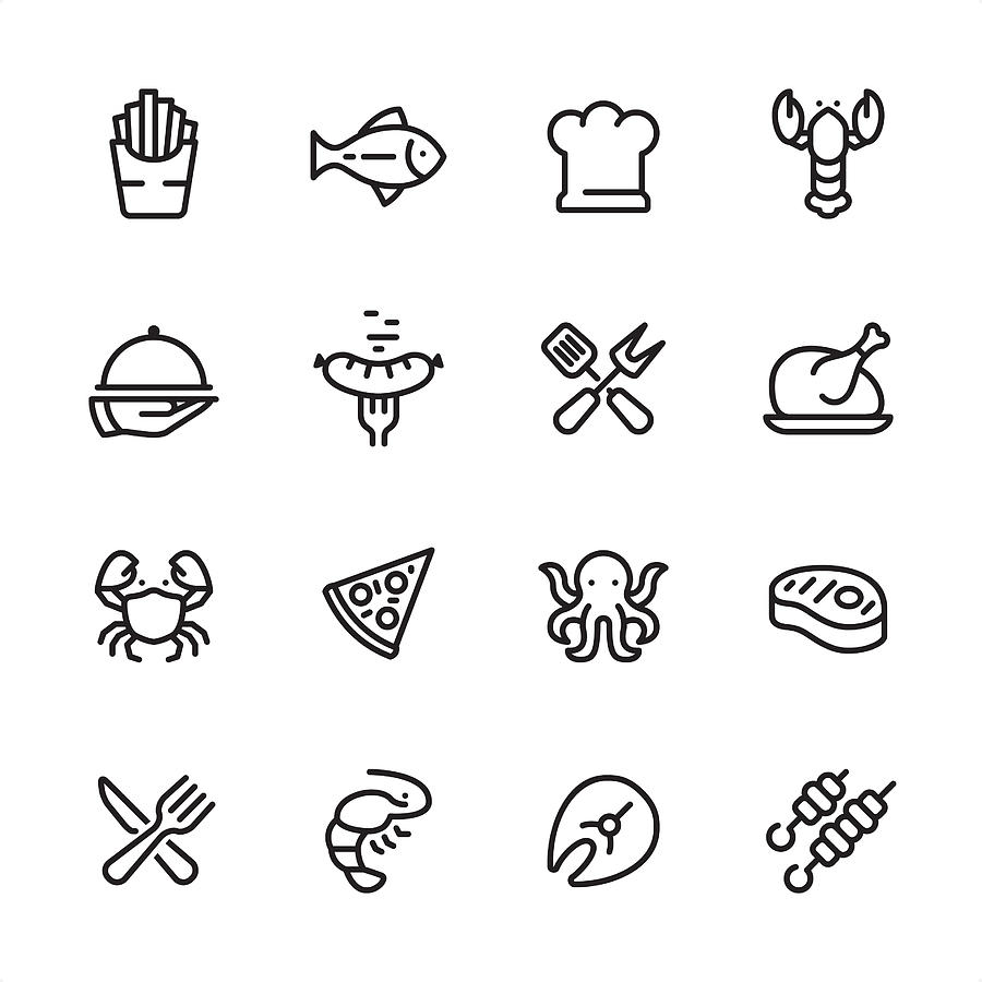 Grilled Food and Seafood - outline icon set Drawing by Lushik