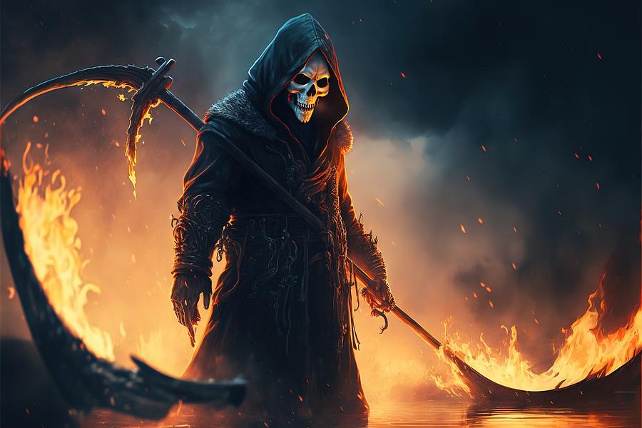 Grim Reaper with his Scythe in a Lake of Flames by John Twynam