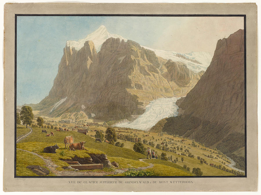 Grindelwald from the west with the Wetterhorn and the upper glacier Drawing by Johann Jakob Biedermann
