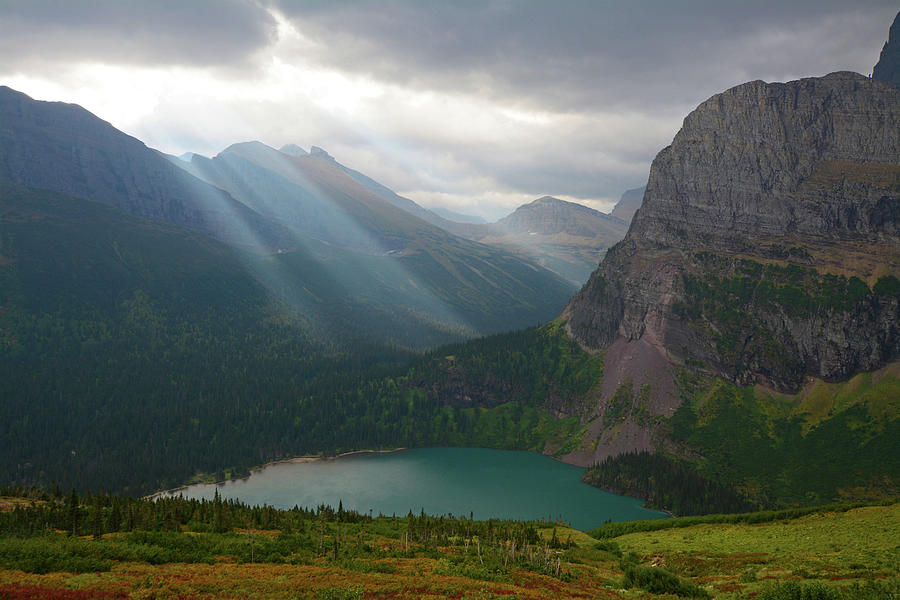 Mountain Photograph - Grinnell Lake- Rays of God by Whispering Peaks Photography