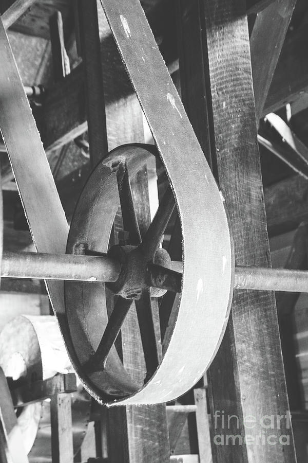 Grist Mill Pulley Wheel BW Photograph by Sharon McConnell