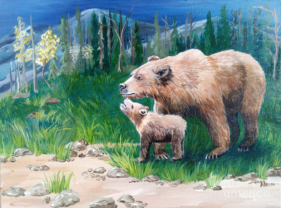 Grizzly Bear Momma and Cub by Sonya Allen Painting by Sonya Allen