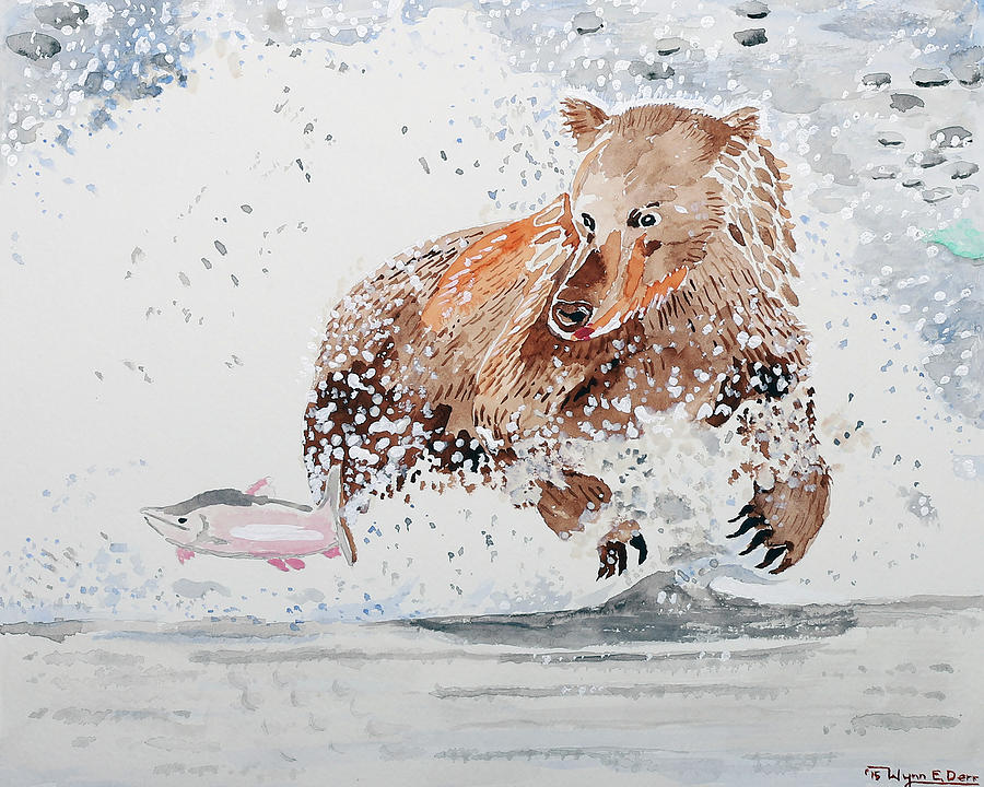 Animal Painting - Grizzly Chasing Salmon by Wynn Derr