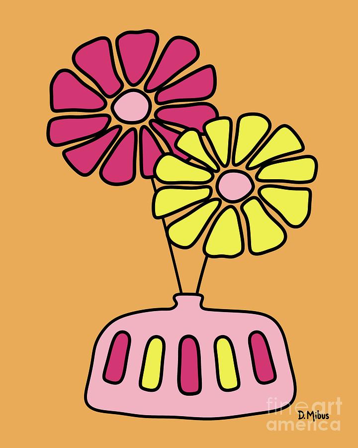 Groovy Pink and Yellow Flowers on Melon Digital Art by Donna Mibus