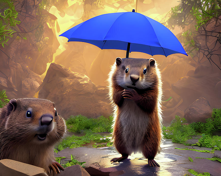 Groundhog Under Umbrella Painting