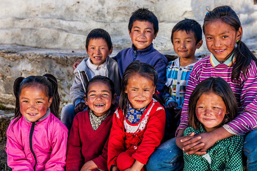 Group happy Sherpa children in Everest Region Photograph by Bartosz Hadyniak