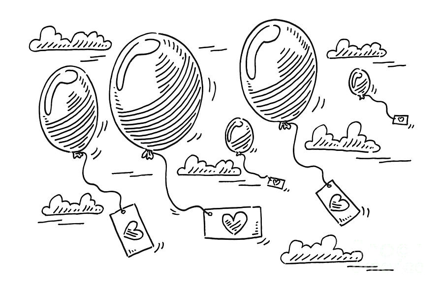 Sketch Drawing - Group Of Balloons With Heart Greeting Cards Drawing by Frank Ramspott Sketch Drawing - Group Of Balloons With Heart Greeting Cards Drawing by Frank Ramspott
