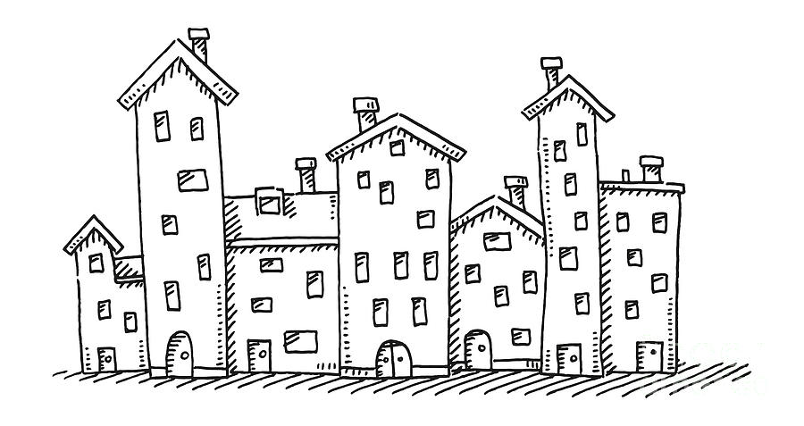 Group Of Cartoon Buildings Drawing Drawing by Frank Ramspott - Pixels