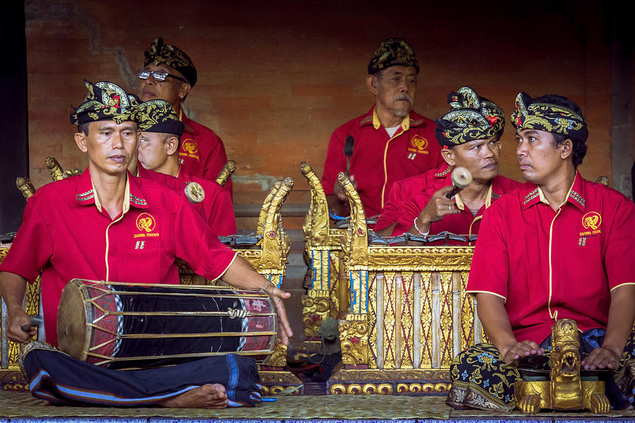 Group of cultural arts perform a traditional music for Barongan dance in Bali, Indonesia. Photograph by Shaifulzamri