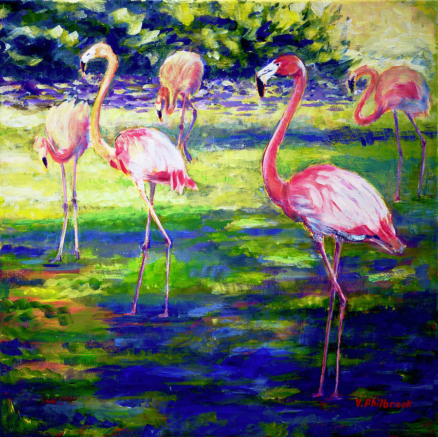 Bird Painting - Group of Flamingoes by Val Philbrook