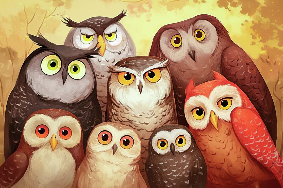 Group of Owls - Vibrant Woodland Gathering Digital Art by Matthias Hauser Group of Owls - Vibrant Woodland Gathering Digital Art by Matthias Hauser