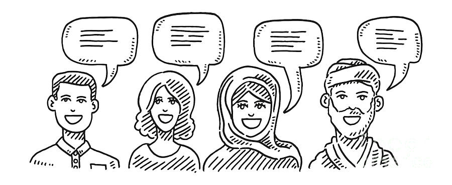 Black And White Drawing - Group Of Portraits And Speech Bubbles Drawing by Frank Ramspott