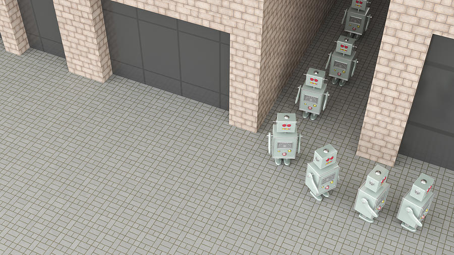 Group of robots walking through passageway in a row, 3d rendering Drawing by Westend61