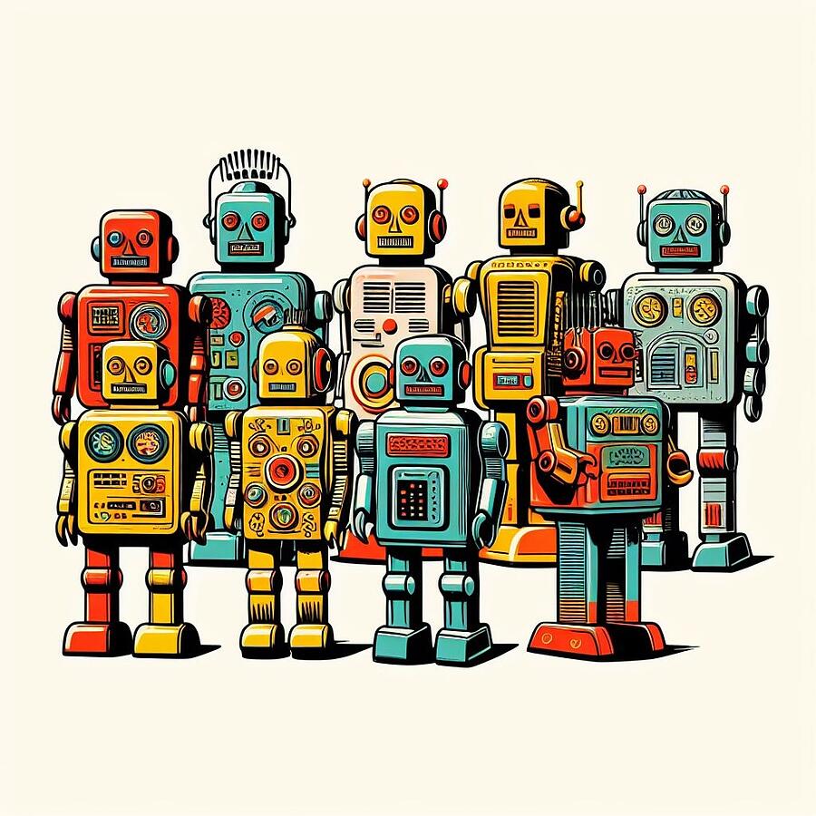 Vintage Digital Art - Group of Vintage Style Toy Robots by David Smith