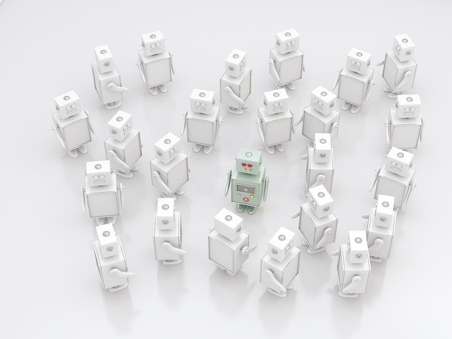 Group of white robots with a coloured one in between, 3D Rendering Drawing by Westend61