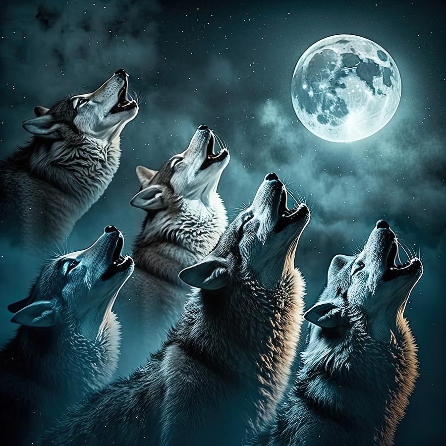 Group Of Wolves Howling At The Moon Digital Art by Damien Adam - Pixels