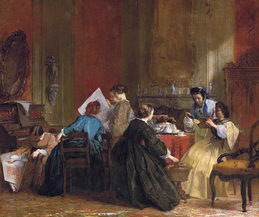 Group of Women Looking at Stereoscope Photographs Painting by Jacob Spoel