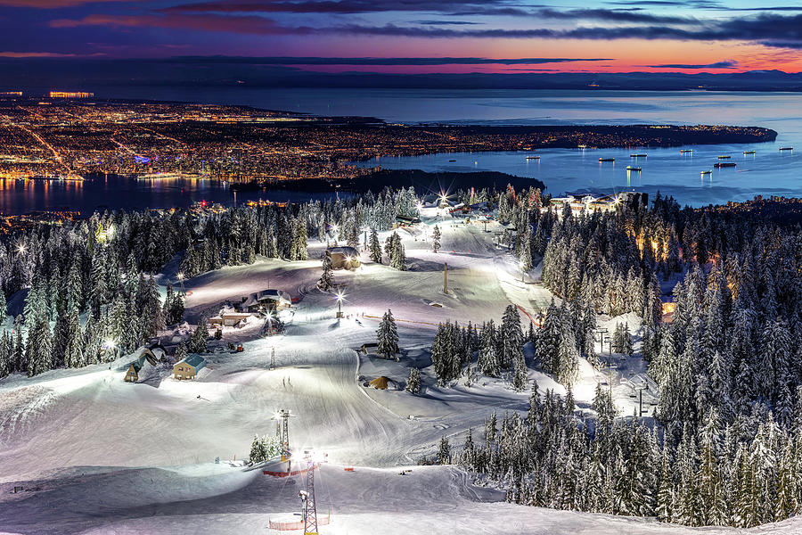 Grouse Mountain Ski resort at Dusk with a view of Vancouver city Photograph by Pierre Leclerc Photography