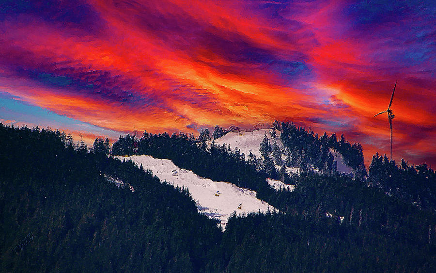 Sunset Digital Art - Grouse Mountain Sunset, British Columbia, Impressionism Impasto Style by Victor Ma