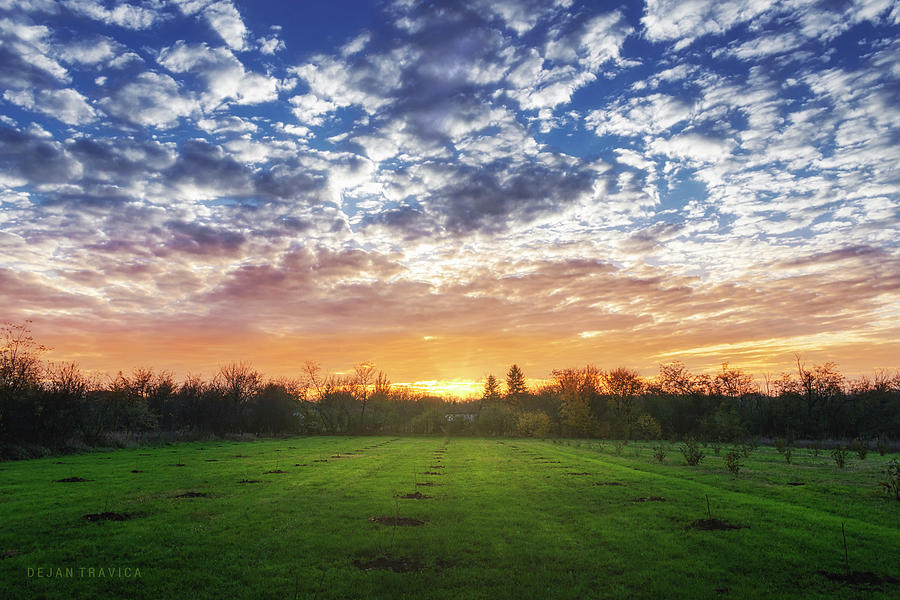 Greenfield under the cloudy sky at sunset Photograph by Dejan Travica ...