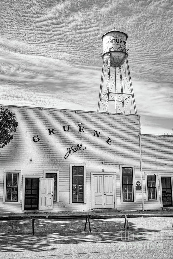 Black And White Photograph - Gruene Hall and Watertower BW Vertical by Bee Creek Photography - Tod and Cynthia