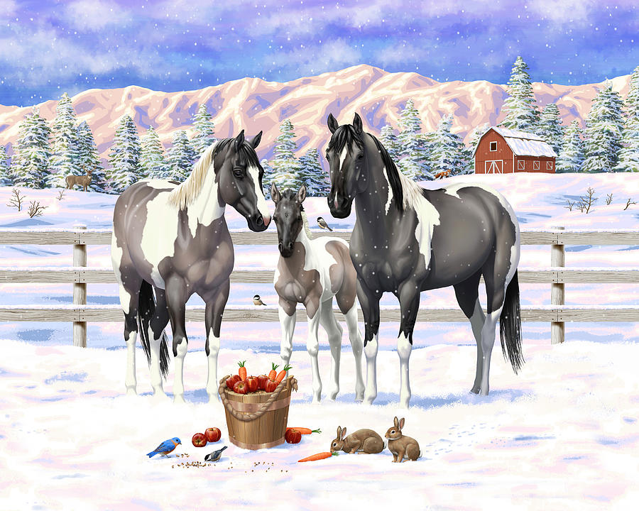 Grulla Pinto Gray Paint Quarter Horses In Winter Snow Painting by Crista Forest