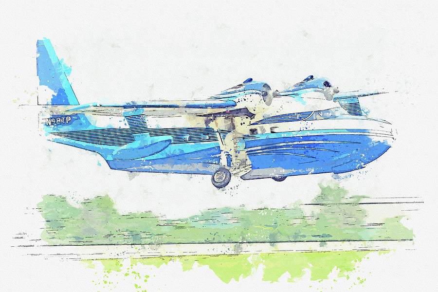 Transportation Painting - Grumman HU-B Albatross NTP G war planes in watercolor ca by Ahmet Asar  by Celestial Images