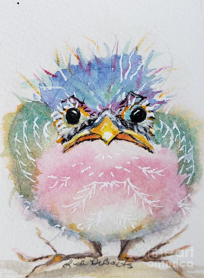 Grumpy baby birdie fluffy doodles Painting by Lisa Debaets
