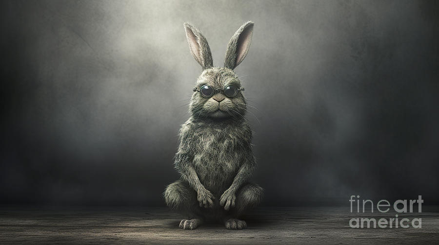 Grumpy crouching gray rabbit in glasses isolated on gray background. Digital Art by Odon Czintos