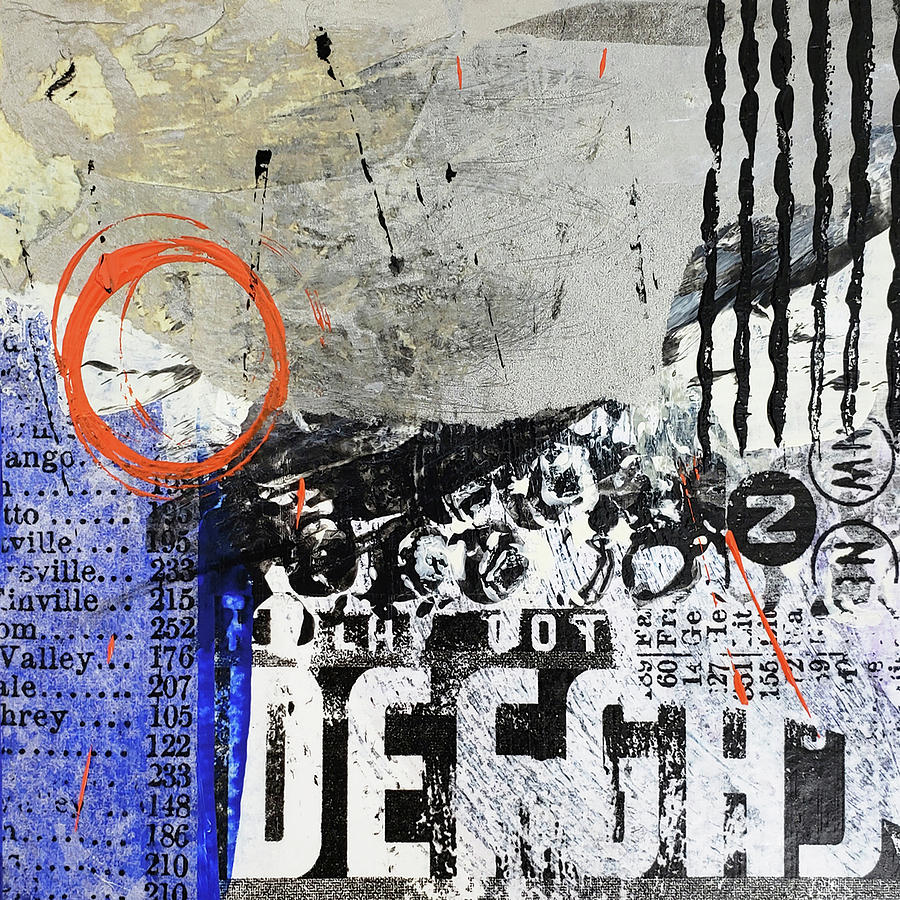 GRUNGE Abstract Collage in Blue Black White Words Numbers Mixed Media by Lynnie Lang