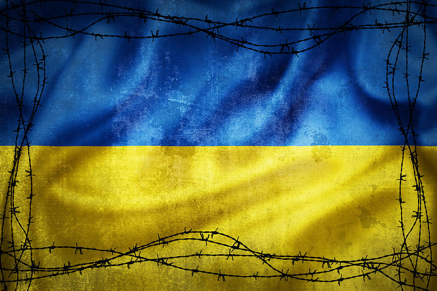 Grunge Flag Of Ukraine Surrounded By Barb Wire Illustration Photograph 