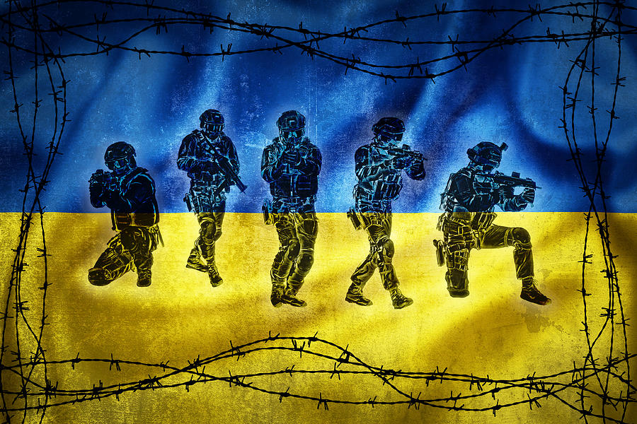 Grunge flag of Ukraine surrounded by barb wire with soliders poi ...