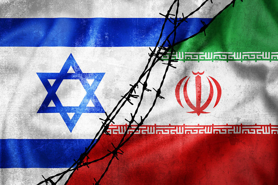 Grunge flags of Iran and Israel divided by barb wire illustratio ...