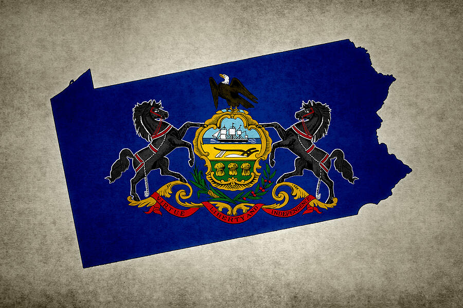 Grunge map of the state of Pennsylvania with its flag printed within Photograph by Gwengoat