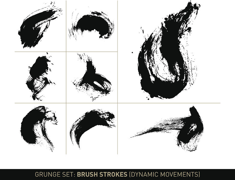 Grunge set: Brush strokes dynamic movements in b/w Drawing by Thoth_Adan