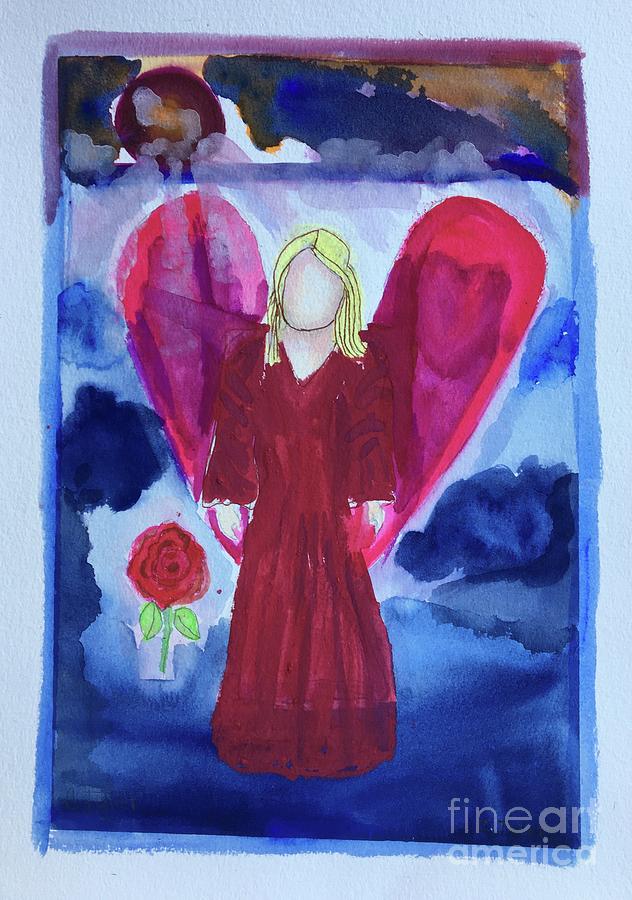 Guardian Angel admiring a Red Rose Painting by Christine Tyler