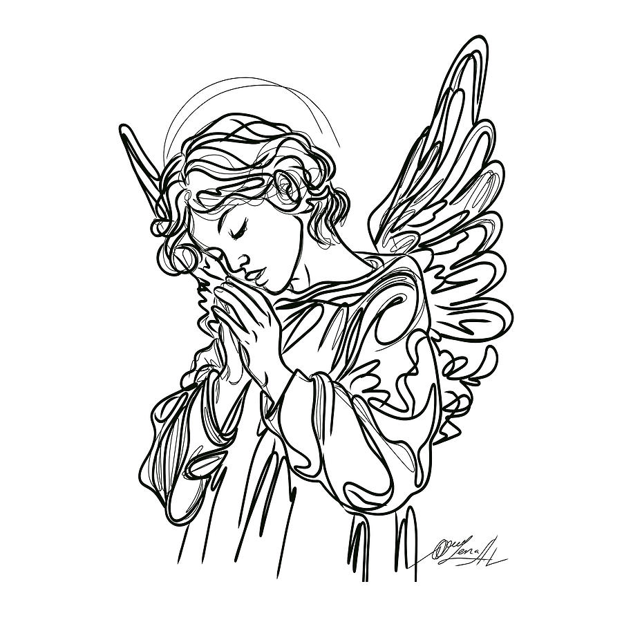 Guardian Angel Praying One-line Drawing Drawing by OLena Art by Lena Owens - Vibrant DESIGN