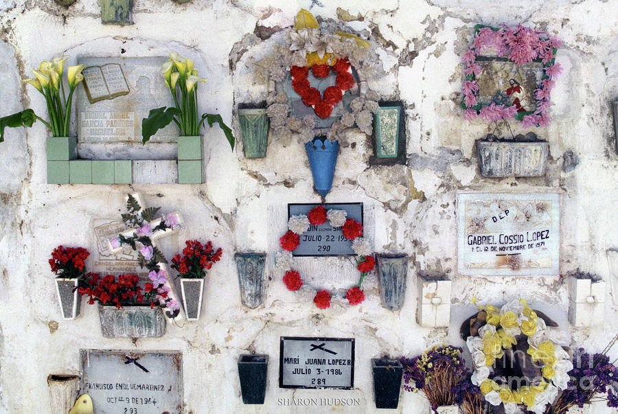 Guatemala photographs - Mausoleum Wall with Flowers Photograph by Sharon Hudson