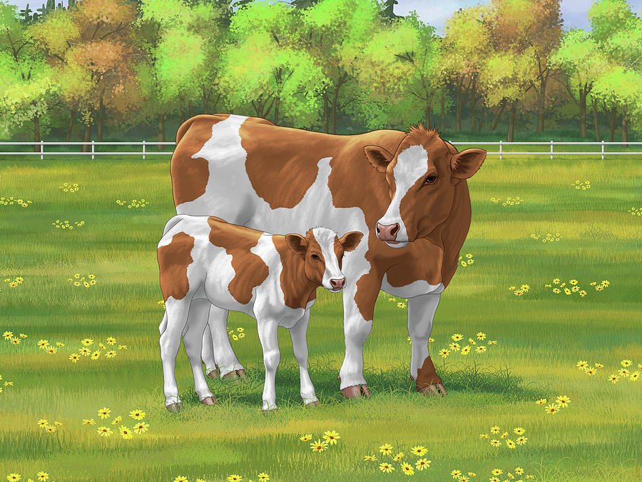 Cow Painting - Guernsey Cow and Cute Calf in Summer Pasture by Crista Forest
