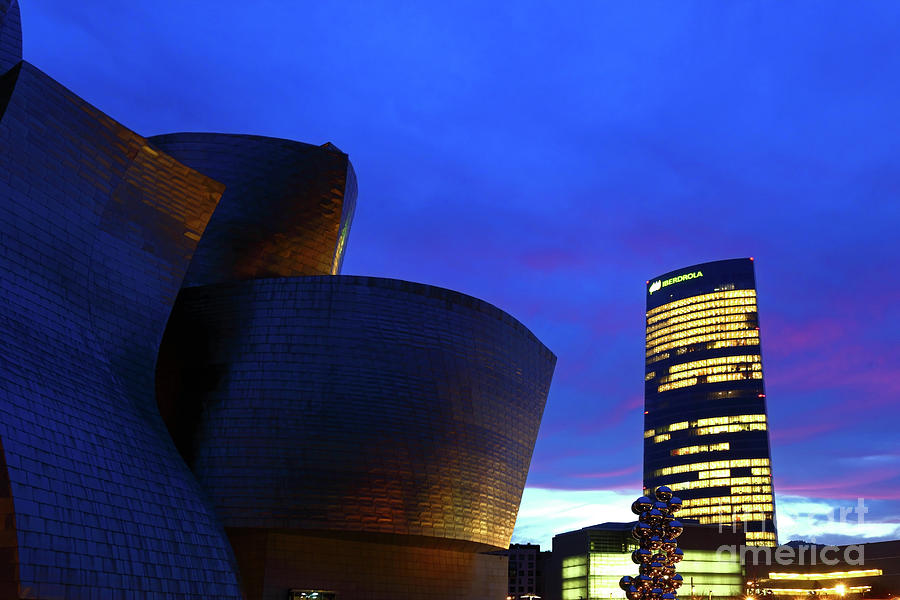 Guggenheim Museum and Iberdrola Tower at Twilight Bilbao Spain Photograph by James Brunker