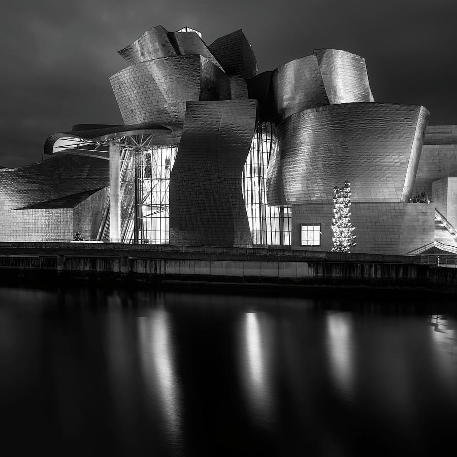 Guggenheim Museum Bilbao Spain Night Bw Photograph