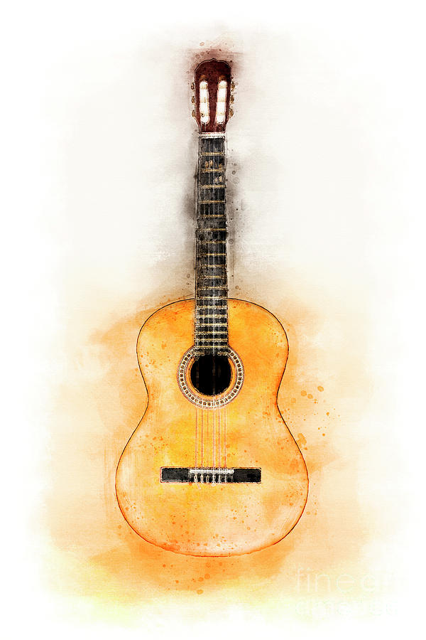 Guitar face view watercolor Painting by Gregory DUBUS
