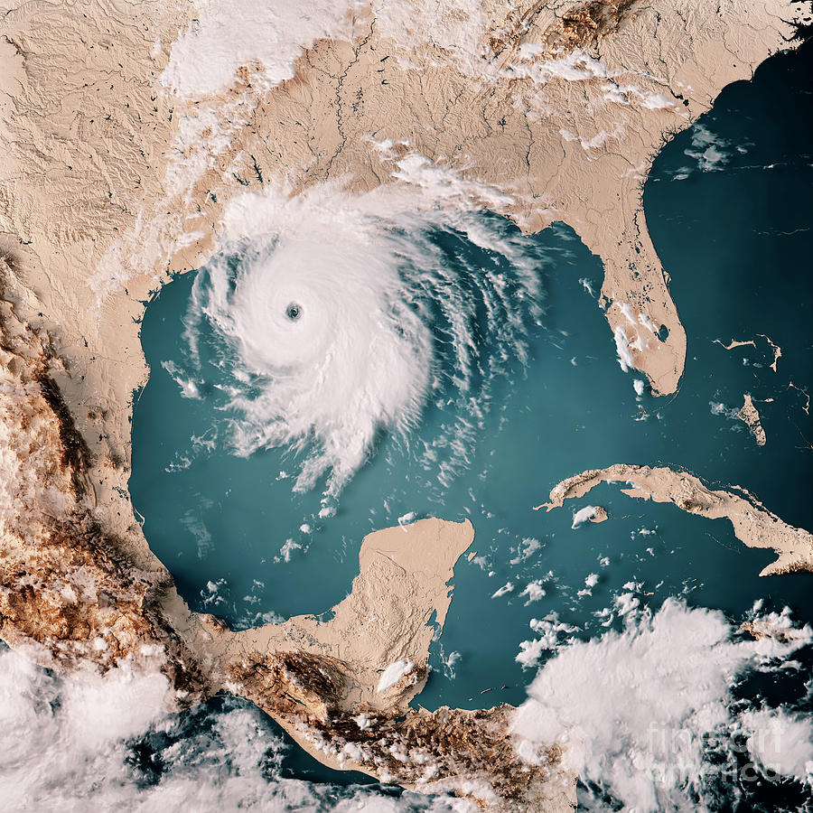 Map Digital Art - Gulf Of Mexico Cloud Map Hurricane Laura 3D Render Neutral by Frank Ramspott
