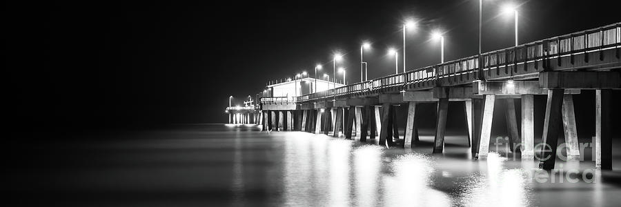 Gulf Shores Pier at Night Black and White Panorama Photo Photograph by Paul Velgos