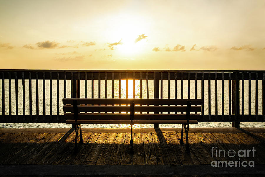 Gulf Shores Pier Bench at Sunrise Photo Photograph by Paul Velgos